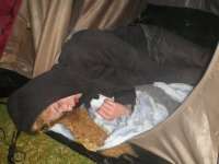 That blond guy enjoys camping! vomit