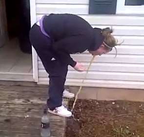 Blond vomits off back steps vomit