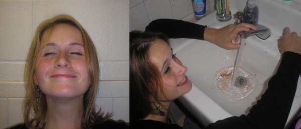 Candice pukes in a sink and has chunks to clean up vomit