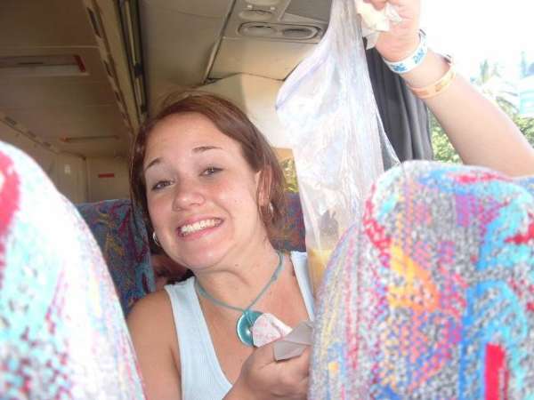 She booted in a bag on the bus vomit