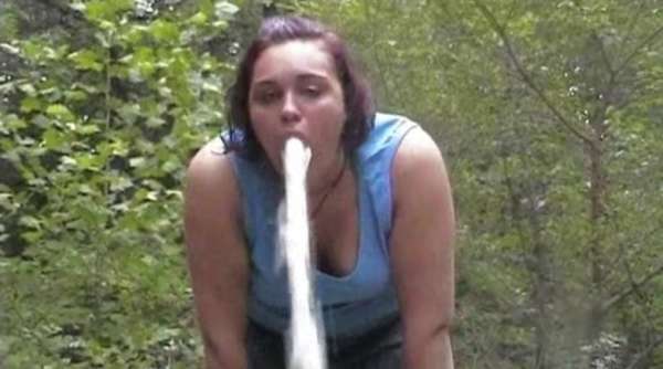 Katy vomits a thick stream vomit