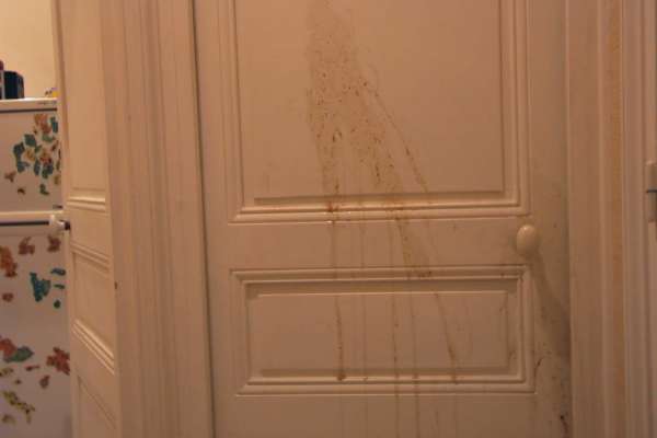 On the  toilets'door vomit